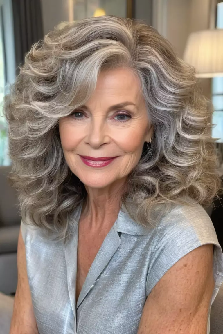 Voluminous Waves with Highlights A photo of a 62-year-old Elizabeth, voluminous wavy hair with blonde highlights throughout silver base, front view, living room background
