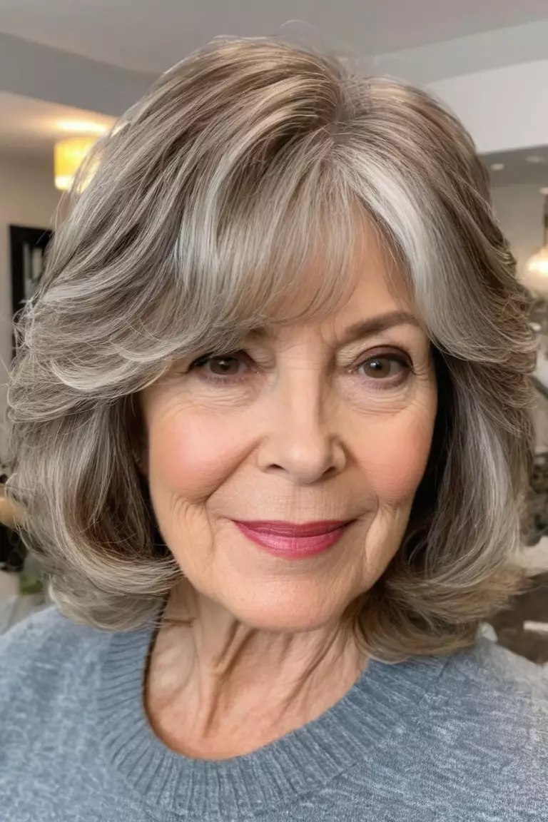 Wavy Lob (Long Bob) with Side Bangs and Blended Layers A photo of a 60-year-old Gloria, wavy lob with side bangs and blended layers, front view, living room background