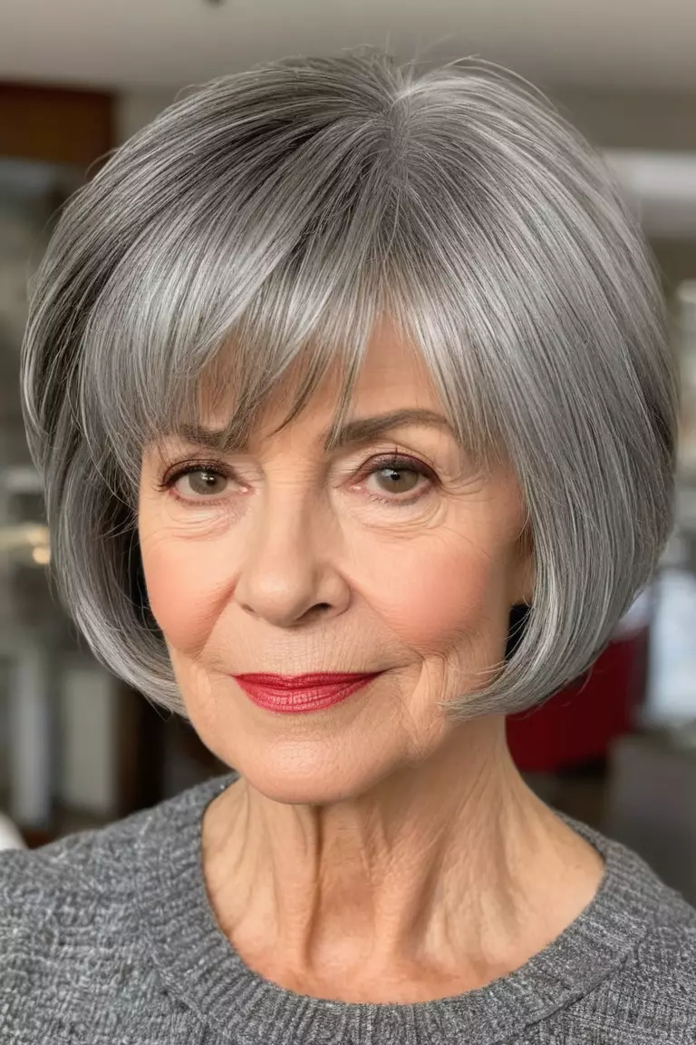 A photo of a 60-year-old Ruth, gray bob with side-swept bangs, front view, living room background