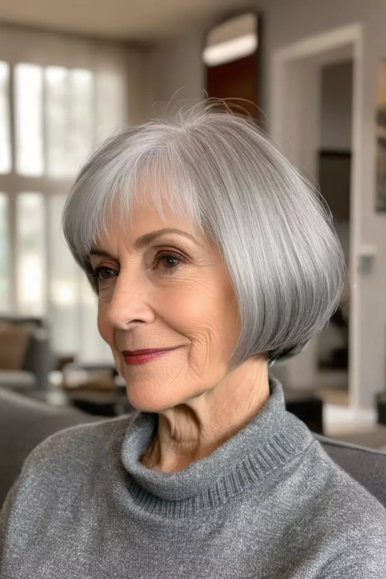 A photo of a 69-year-old Linda, silver bob haircut with natural gray hair, side view, living room background
