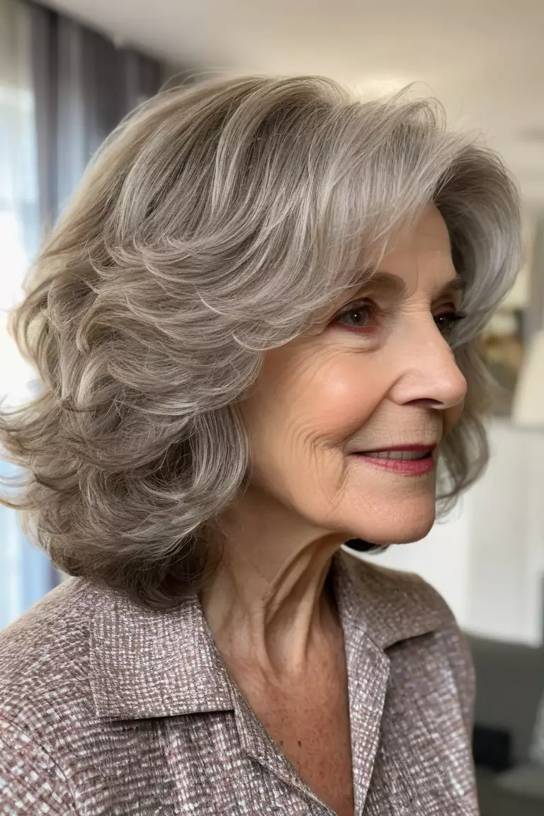 Shoulder-Length Layered Wavy Lob (Long Bob) A photo of a 68-year-old Dorothy, shoulder-length layered wavy lob with soft texture, side view, living room background