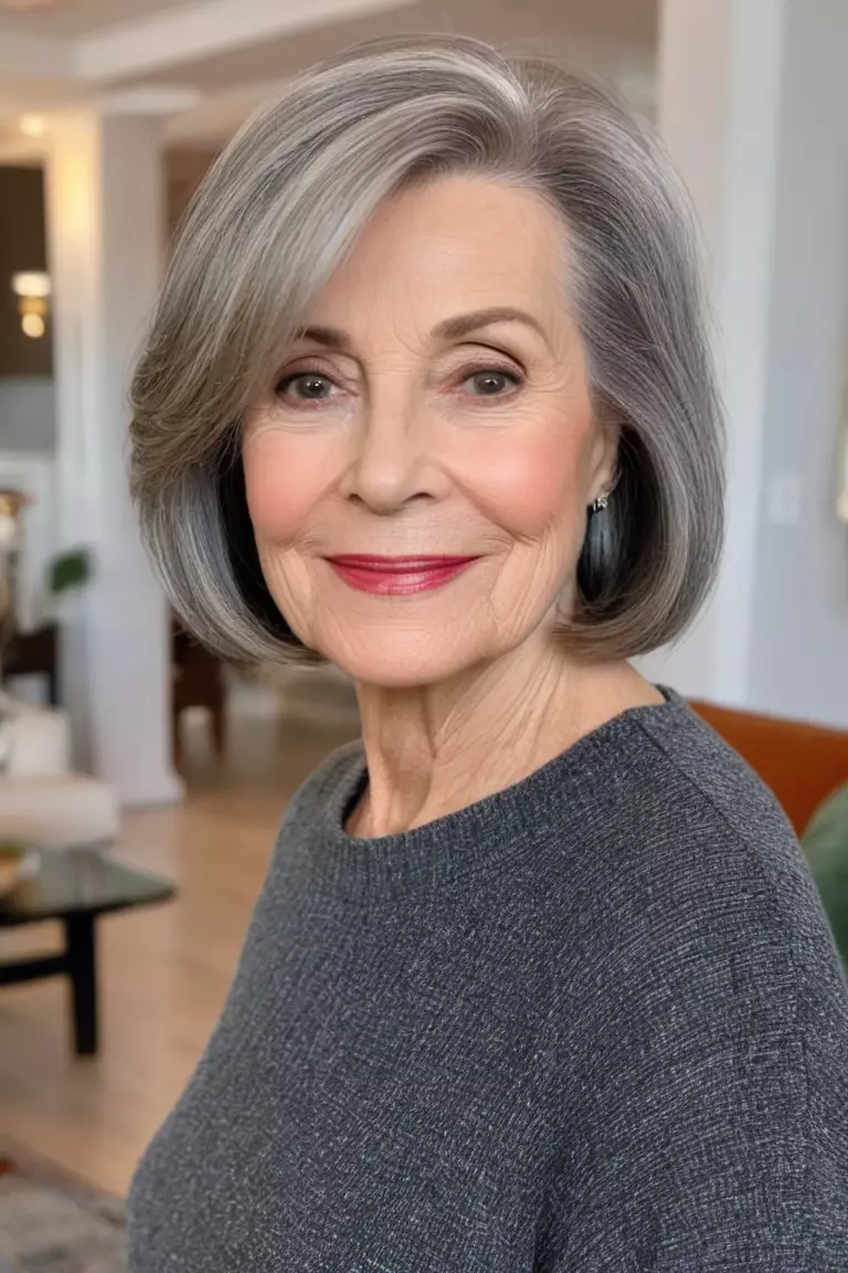A photo of a 67-year-old Patricia, rounded lob haircut falling just below shoulders, front view, living room background