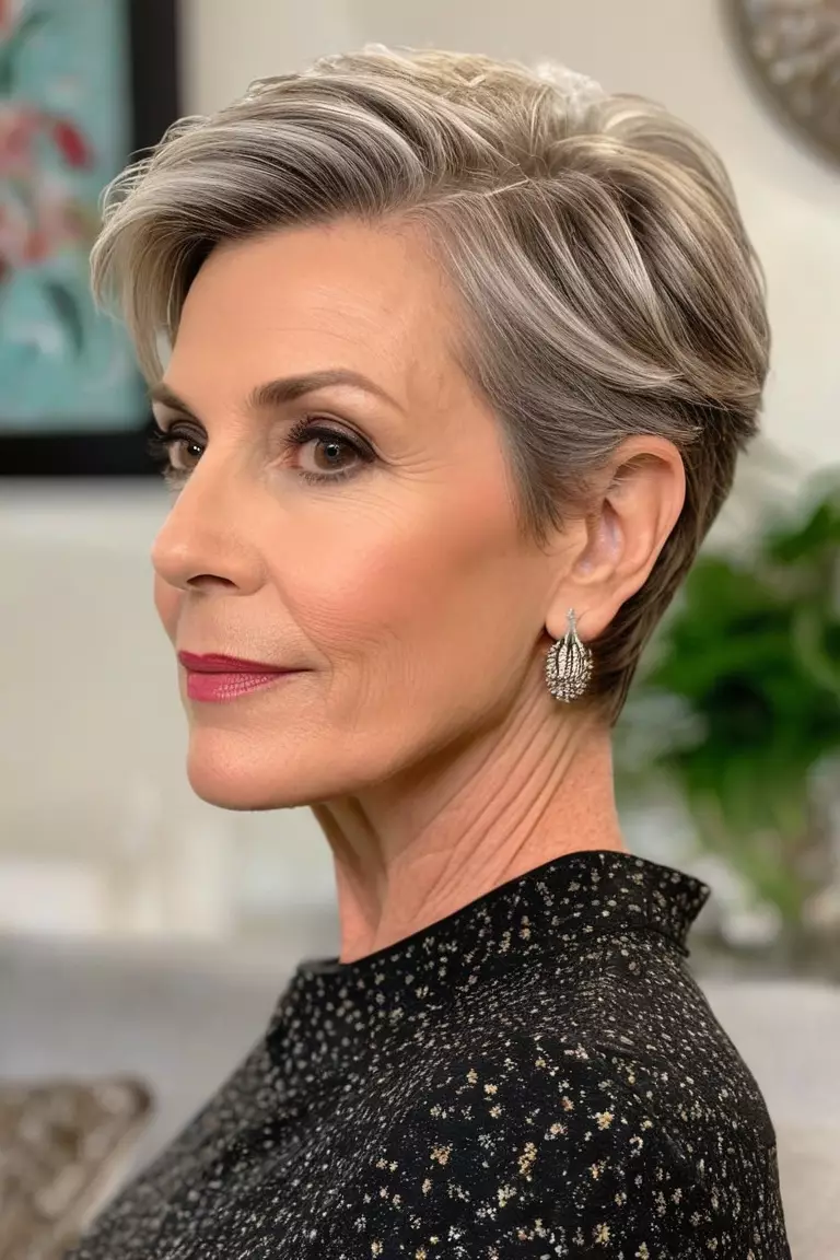Short Swept-Back Pixie A photo of a 57-year-old Susan, short swept-back pixie cut, side view, living room background