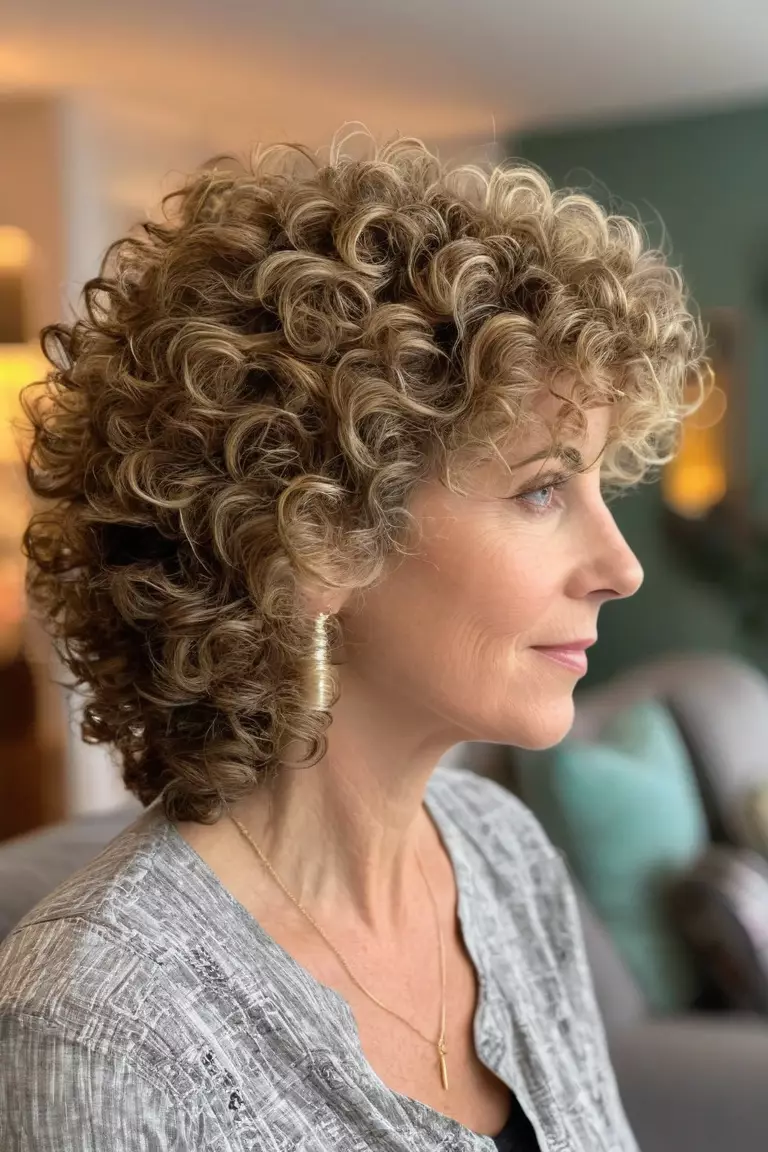 Layered Tapered Curls A photo of a 51-year-old Emma, layered tapered curly hair, side view, living room background