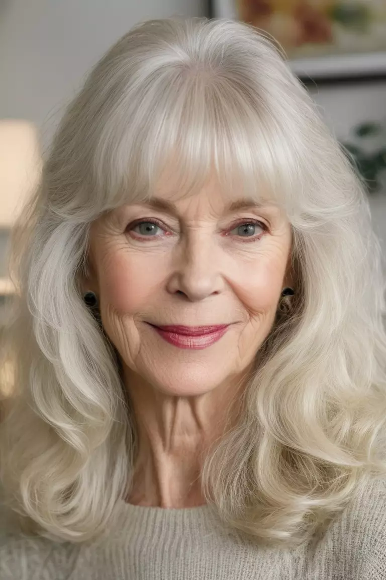 White Blonde Waves with Bangs A photo of a 68-year-old Virginia, white blonde wavy hair with straight bangs, front view, living room background