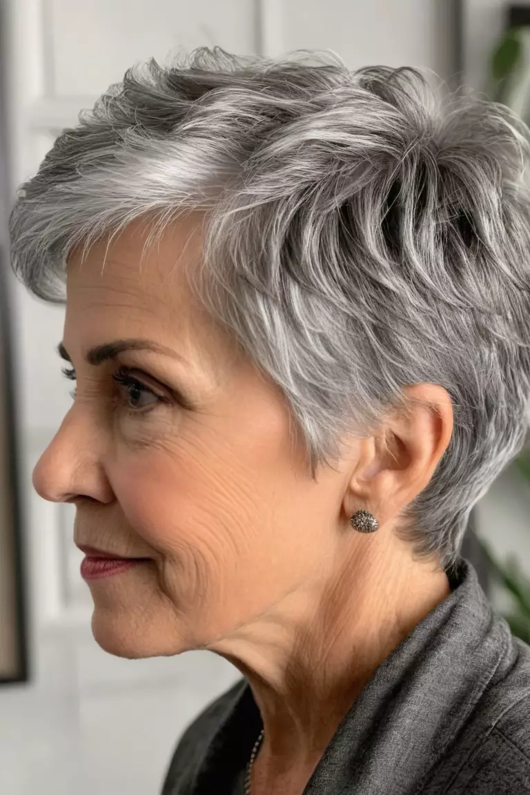 Textured Gray Pixie A photo of a 59-year-old Patricia, textured gray pixie, side view, living room background