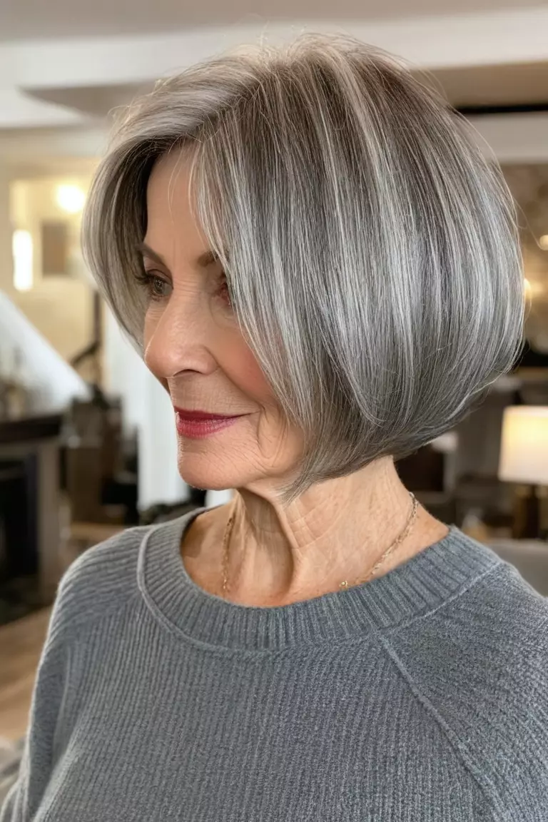 A photo of a 60-year-old Dorothy, wispy angled bob with longer front, side view, living room background