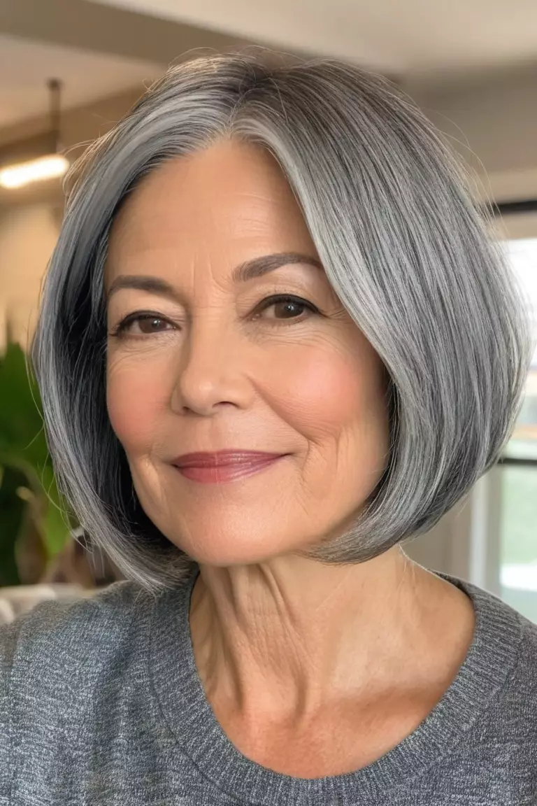 Chin-Length Gray Bob A photo of a 53-year-old Rebecca, chin-length gray bob, front view, living room background