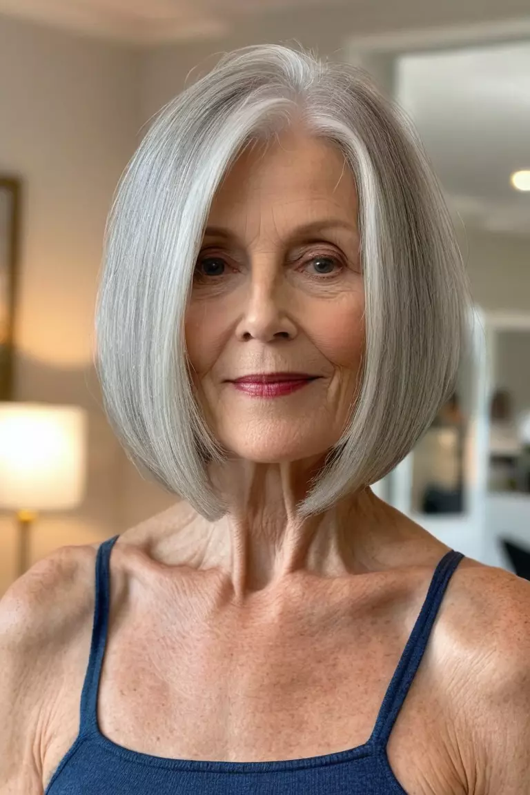 A photo of a 64-year-old Betty, long bob haircut reaching collarbone, front view, living room background