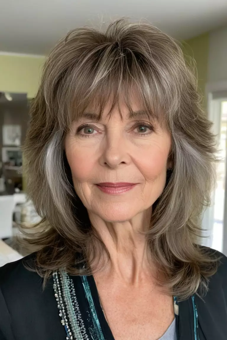 A photo of a 61-year-old Patricia, tousled layers with bangs, front view, living room background