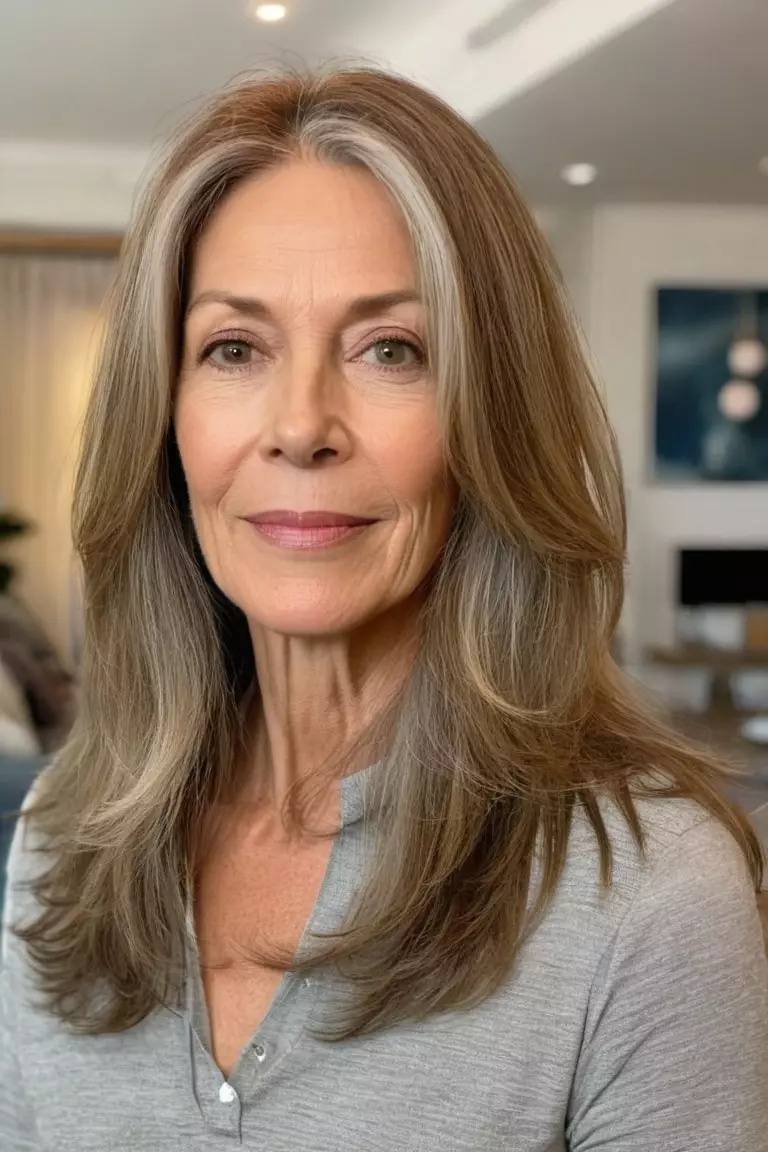 Long Face-Framing Layers A photo of a 58-year-old Angela, long hair with face-framing layers, front view, living room background