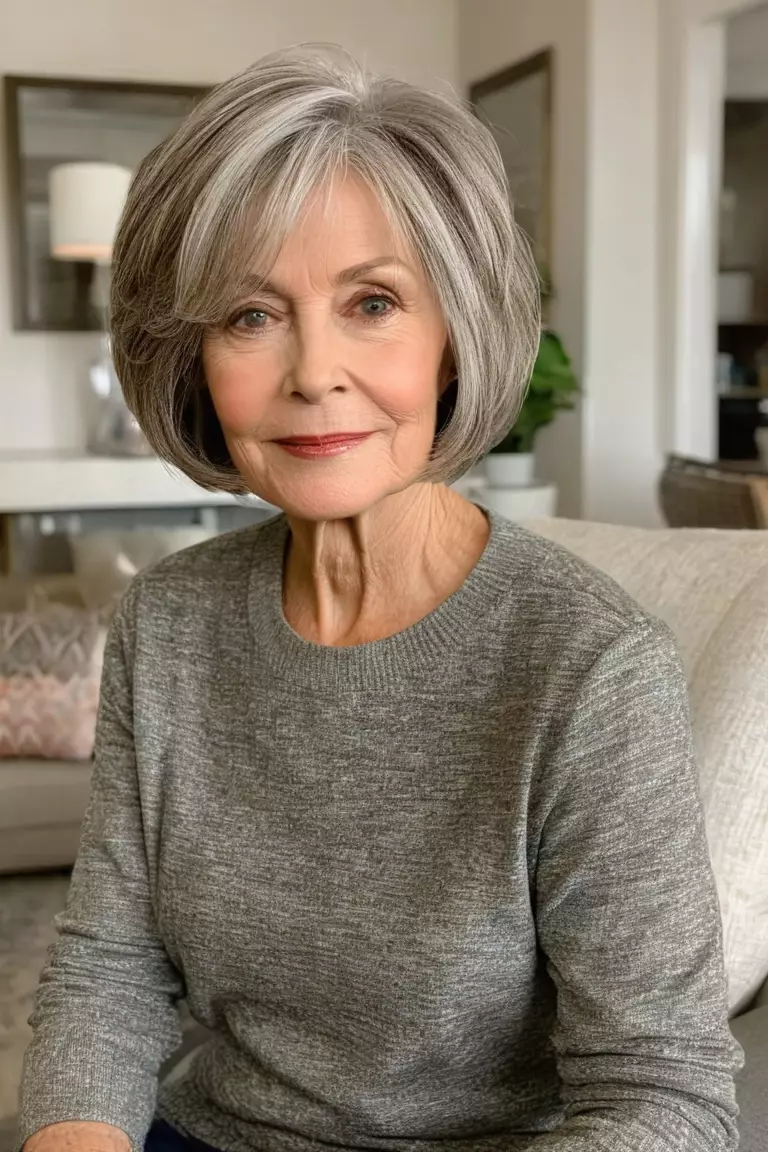 A photo of a 67-year-old Helen, textured layered bob, front view, living room background