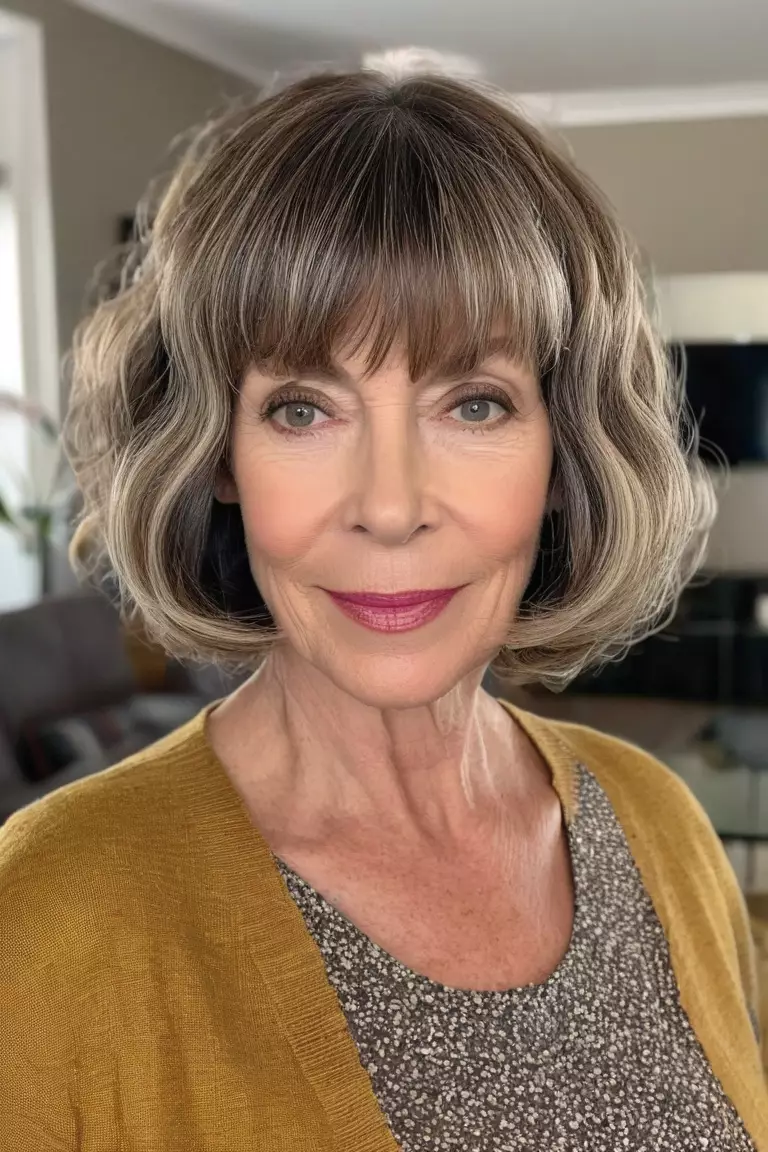 Blunt Wavy Bob with Bangs A photo of a 59-year-old Michelle, blunt wavy bob with bangs, front view, living room background