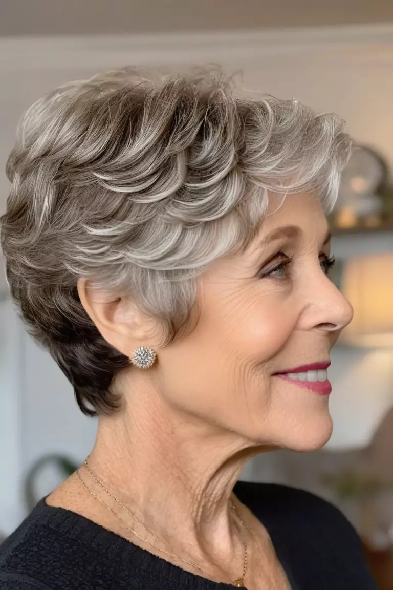 Wavy Pixie Bob A photo of a 64-year-old Shirley, wavy pixie bob with volume on top, side view, living room background