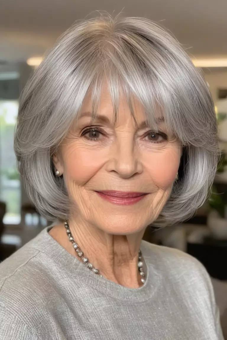 A photo of a 69-year-old Janet, wispy silver layered bob, front view, living room background