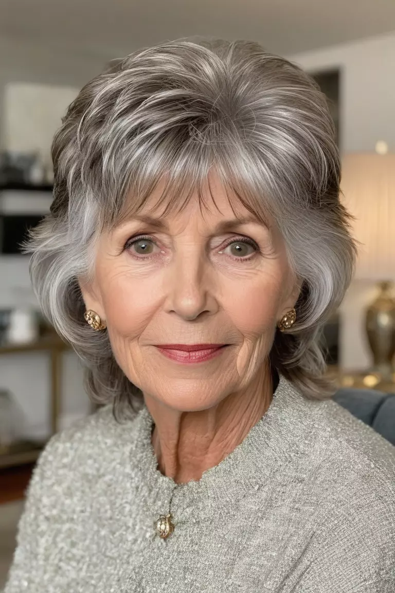 A photo of a 65-year-old Martha, wispy shag, front view, living room background