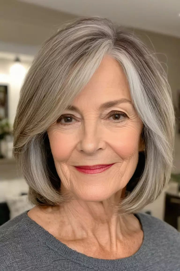 A photo of a 64-year-old Cynthia, layered shoulder-length lob, front view, living room background