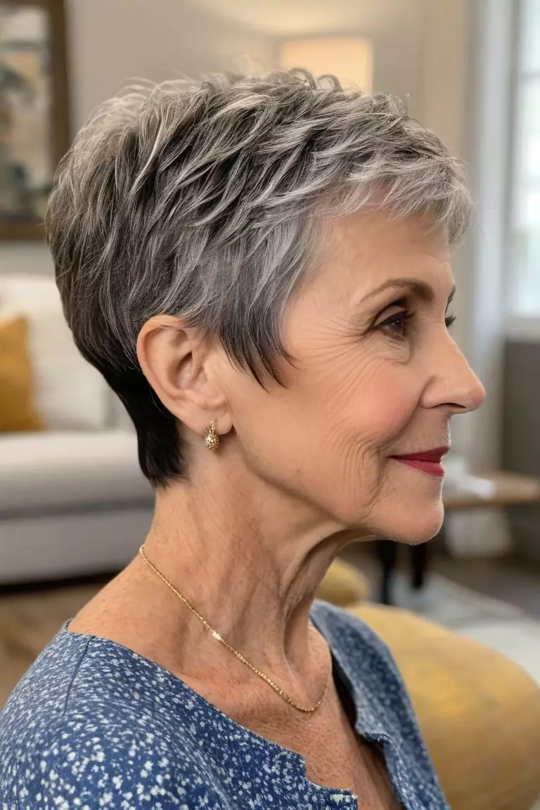 A photo of a 66-year-old Ruth, short textured pixie cut, side view, living room background