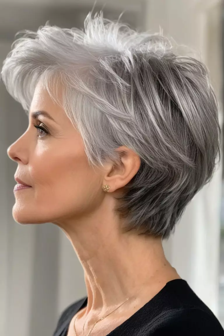 Tousled Pixie Bob A photo of a 52-year-old Jessica, tousled pixie silver bob, side view, living room background