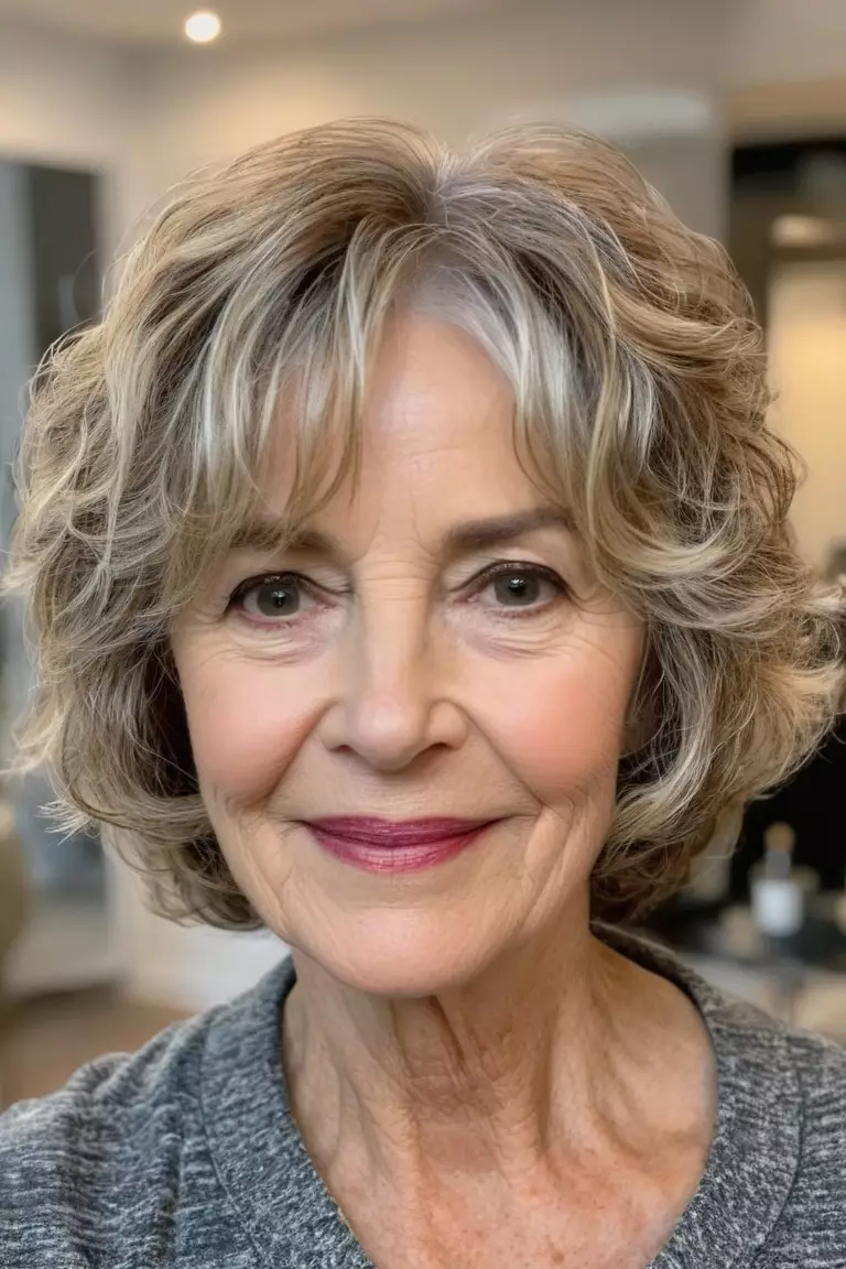 Tousled Short Wavy Bob A photo of a 65-year-old Karen, tousled short wavy bob with texture, front view, living room background