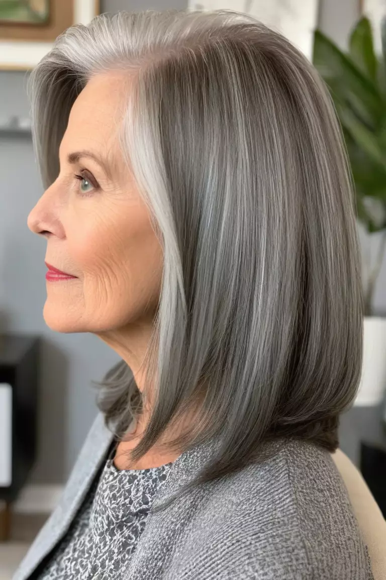 A photo of a 66-year-old Alice, straight hair with gray blending technique, side view, living room background