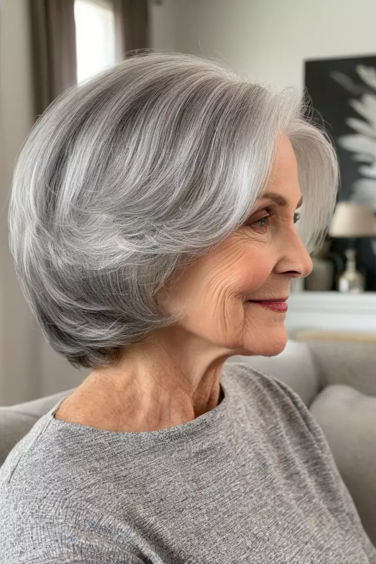 Silver Lob with Flipped Ends A photo of a 59-year-old Dorothy, silver lob with flipped ends, side view, living room background