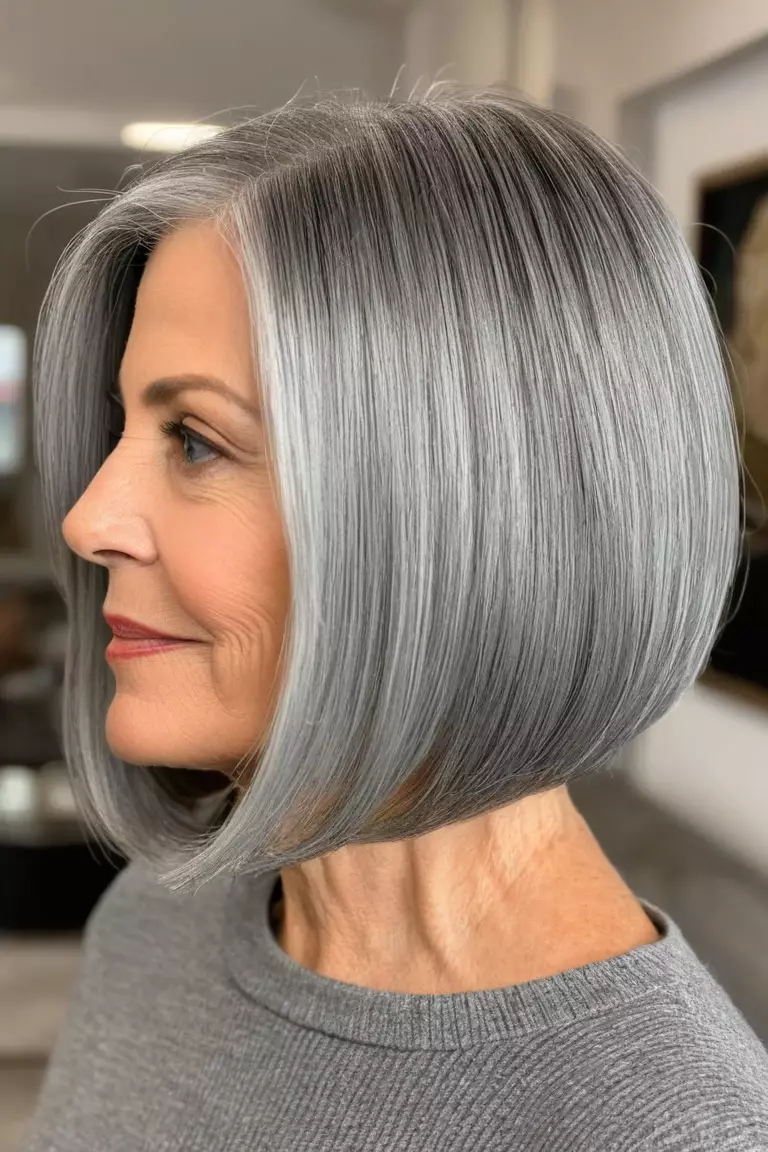 Rounded Side-Parted Bob A photo of a 57-year-old Barbara, rounded side-parted gray bob, side view, living room background