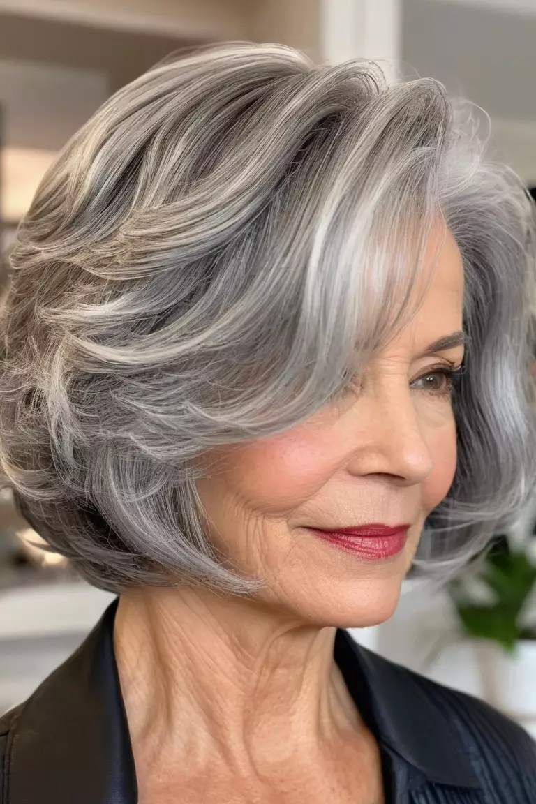 A photo of a 62-year-old Cynthia, wavy gray bob, side view, living room background