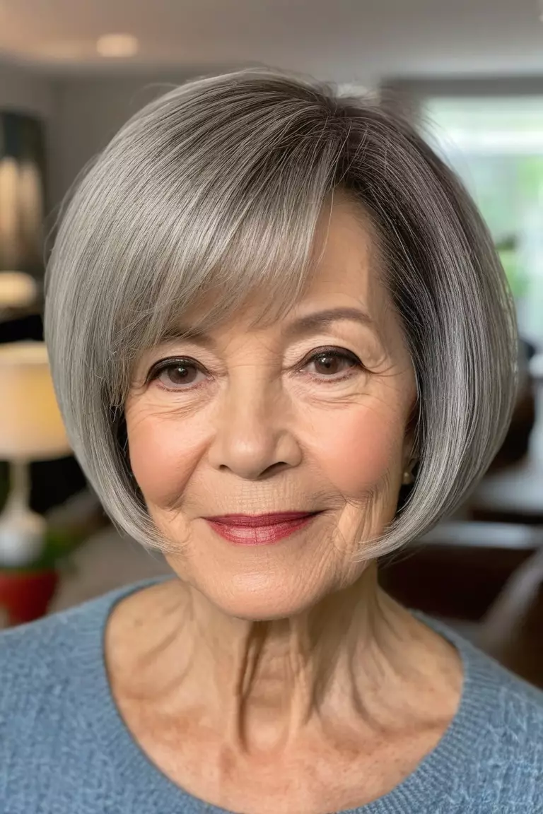 A photo of a 69-year-old Barbara, chin-length rounded bob haircut, front view, living room background