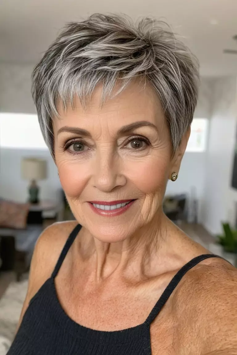A photo of a 64-year-old Janice, textured pixie cut, front view, living room background