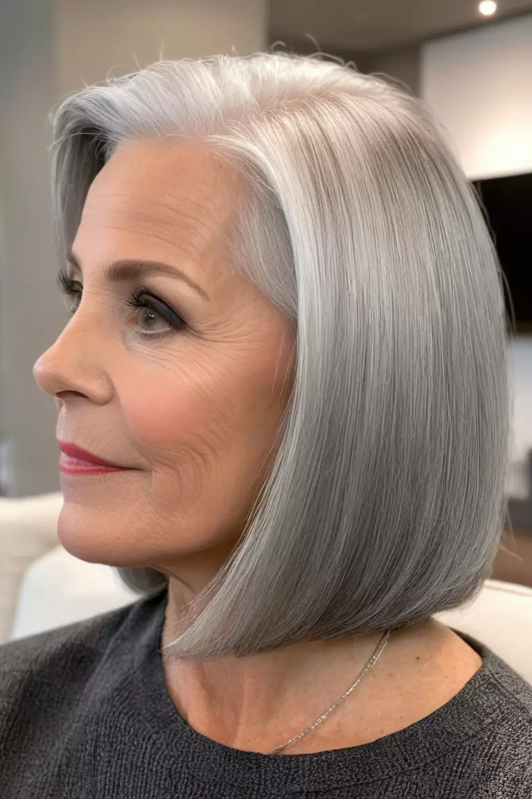 A photo of a 57-year-old Carol, sleek silver lob, side view, living room background