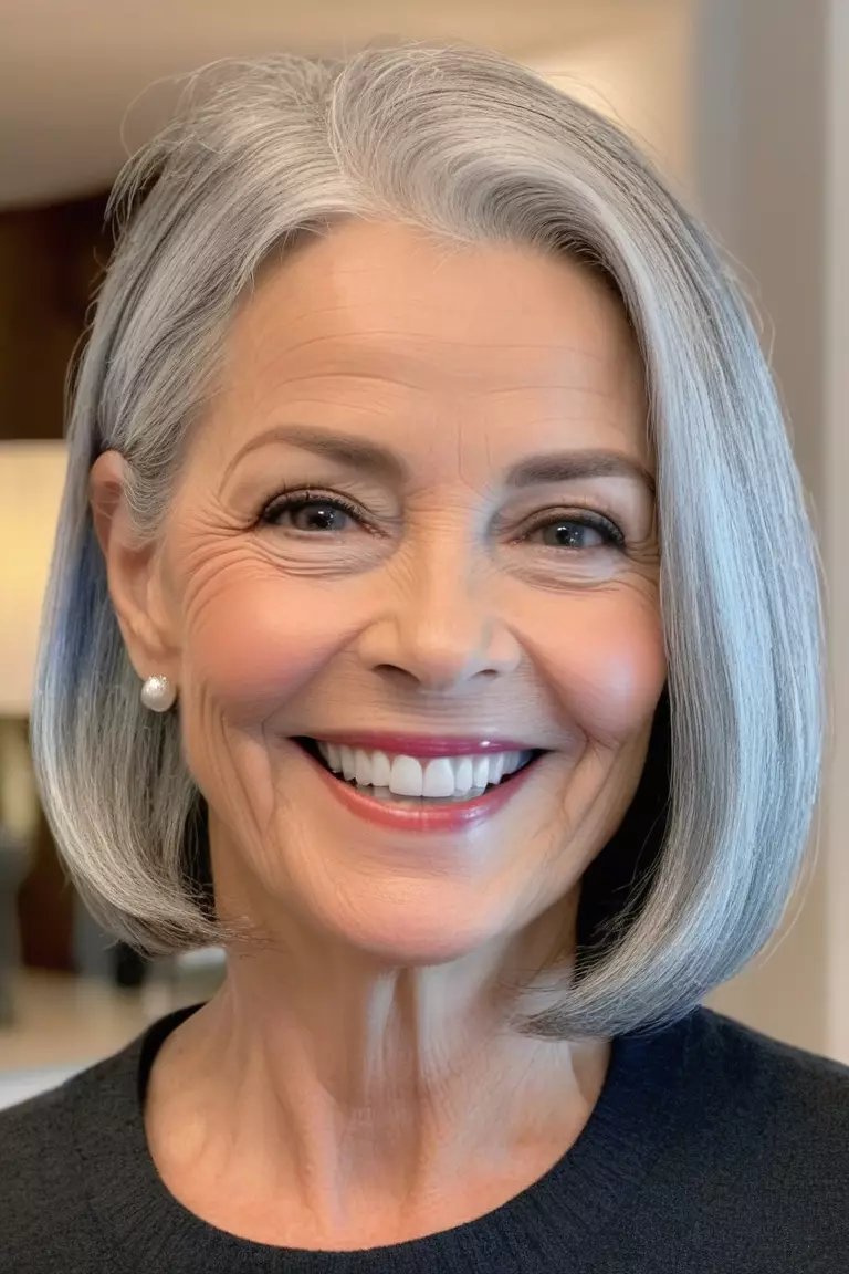 Face-Framing Bob A photo of a 56-year-old smiling Carol, face-framing silver bob, front view, living room background