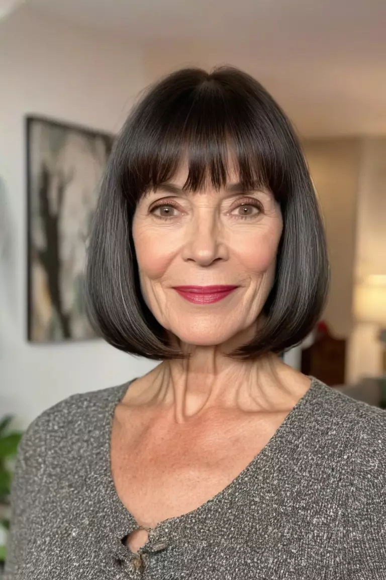 Blunt Shoulder-Length Lob with Bangs A photo of a 53-year-old Carol, blunt shoulder-length lob with bangs, front view, living room background