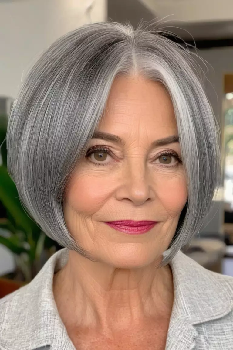Rounded Gray Bob A photo of a 53-year-old Elizabeth, rounded gray bob, front view, living room background
