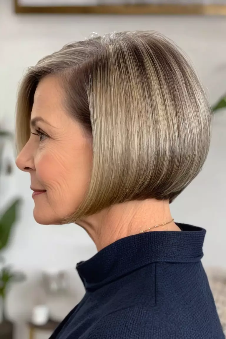 A photo of a 60-year-old Carol, short straight bob cut just below ears, side view, living room background