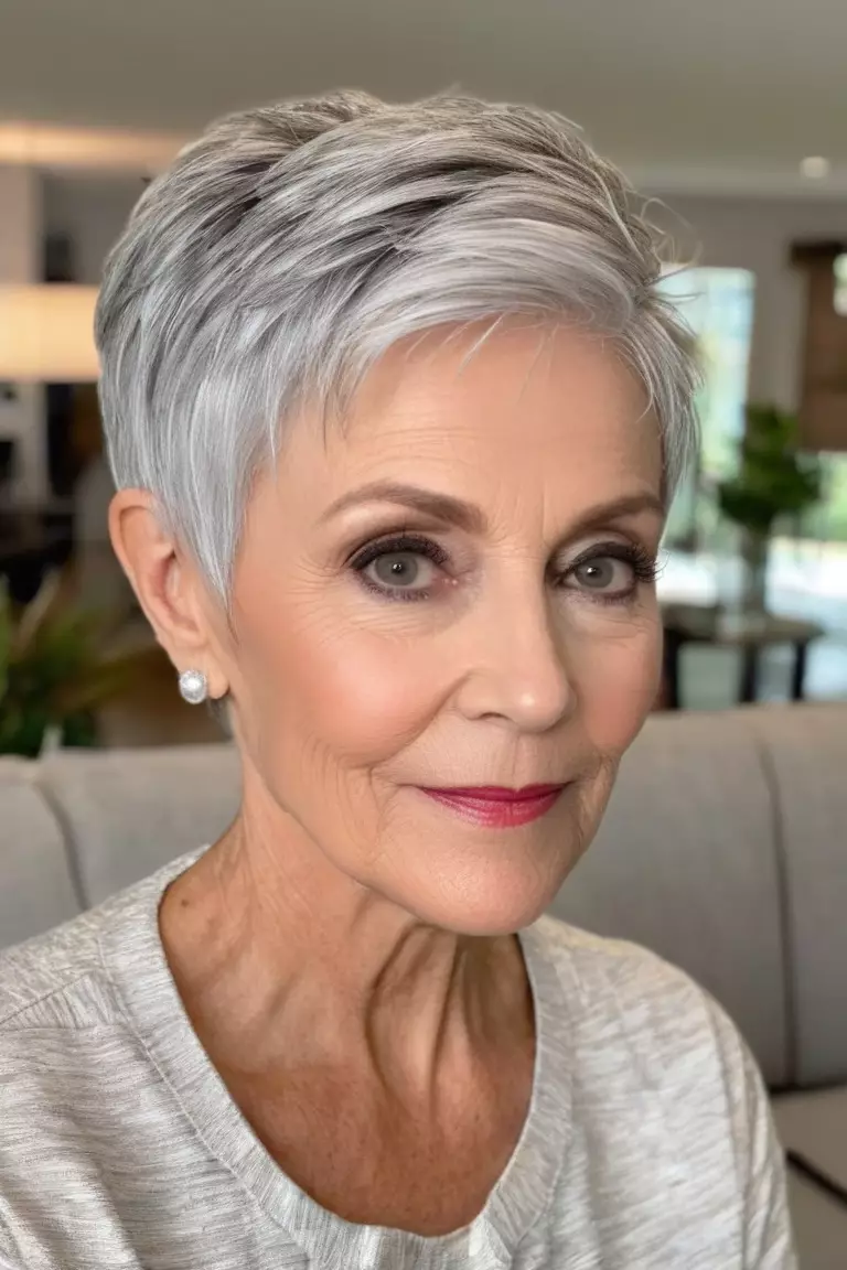 A photo of a 68-year-old Nancy, tapered side-parted silver pixie, front view, living room background