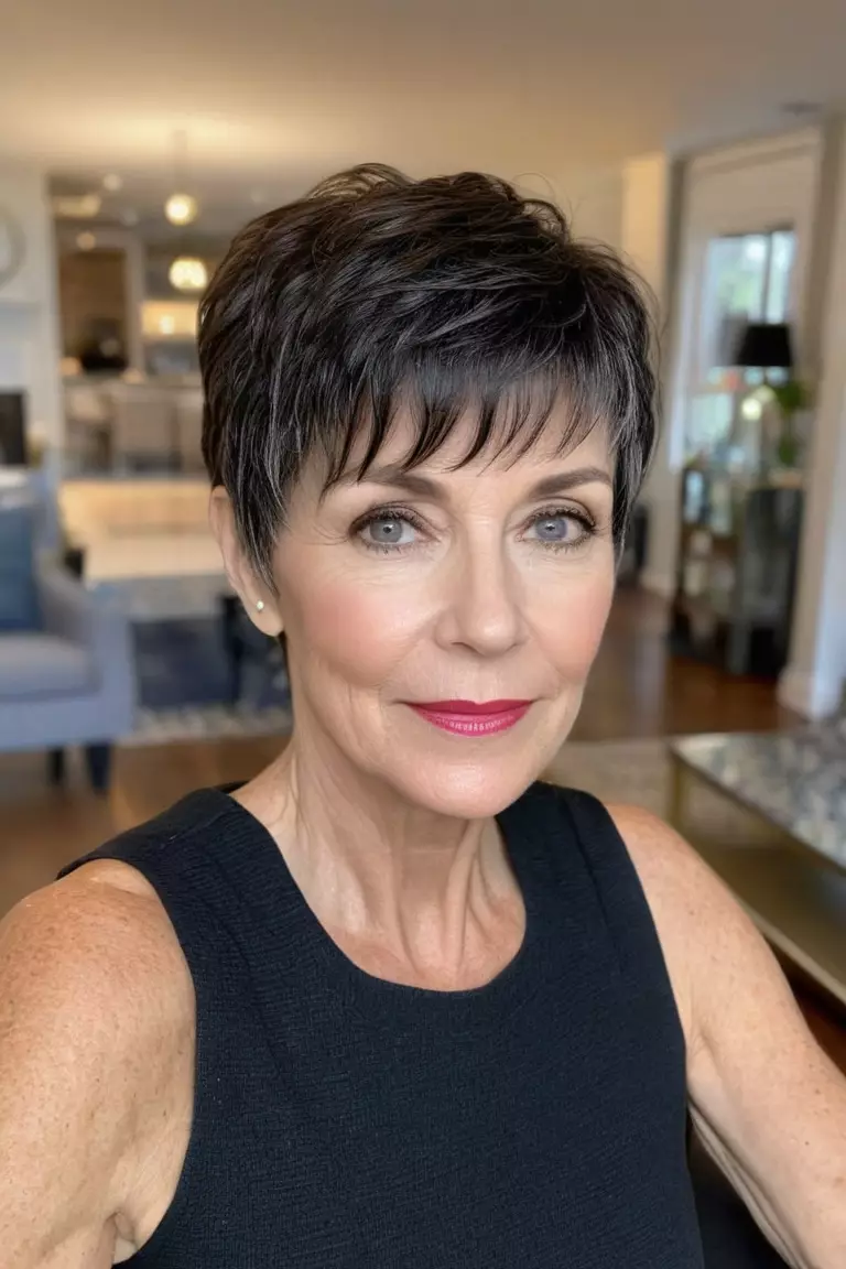 Textured Pixie with Bangs A photo of a 54-year-old Nancy, textured pixie cut with bangs, front view, living room background