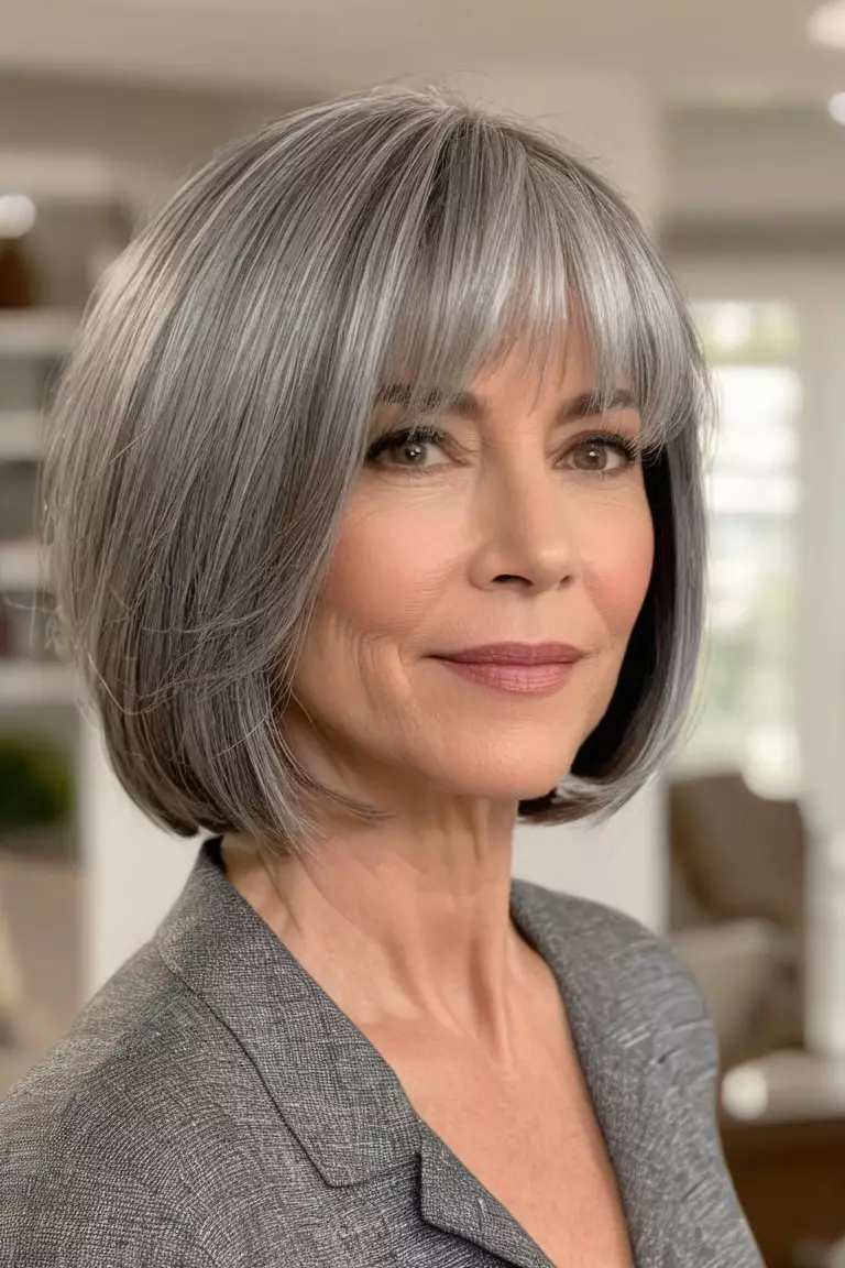 Bob with Swooping Side Bangs A photo of a 51-year-old Jennifer, gray bob with swooping side bangs, side view, living room background