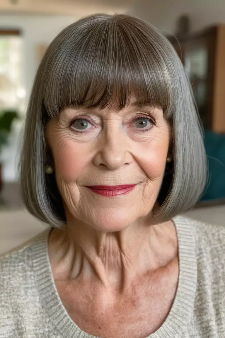A photo of a 69-year-old Shirley, bob with straight bangs, front view, living room background
