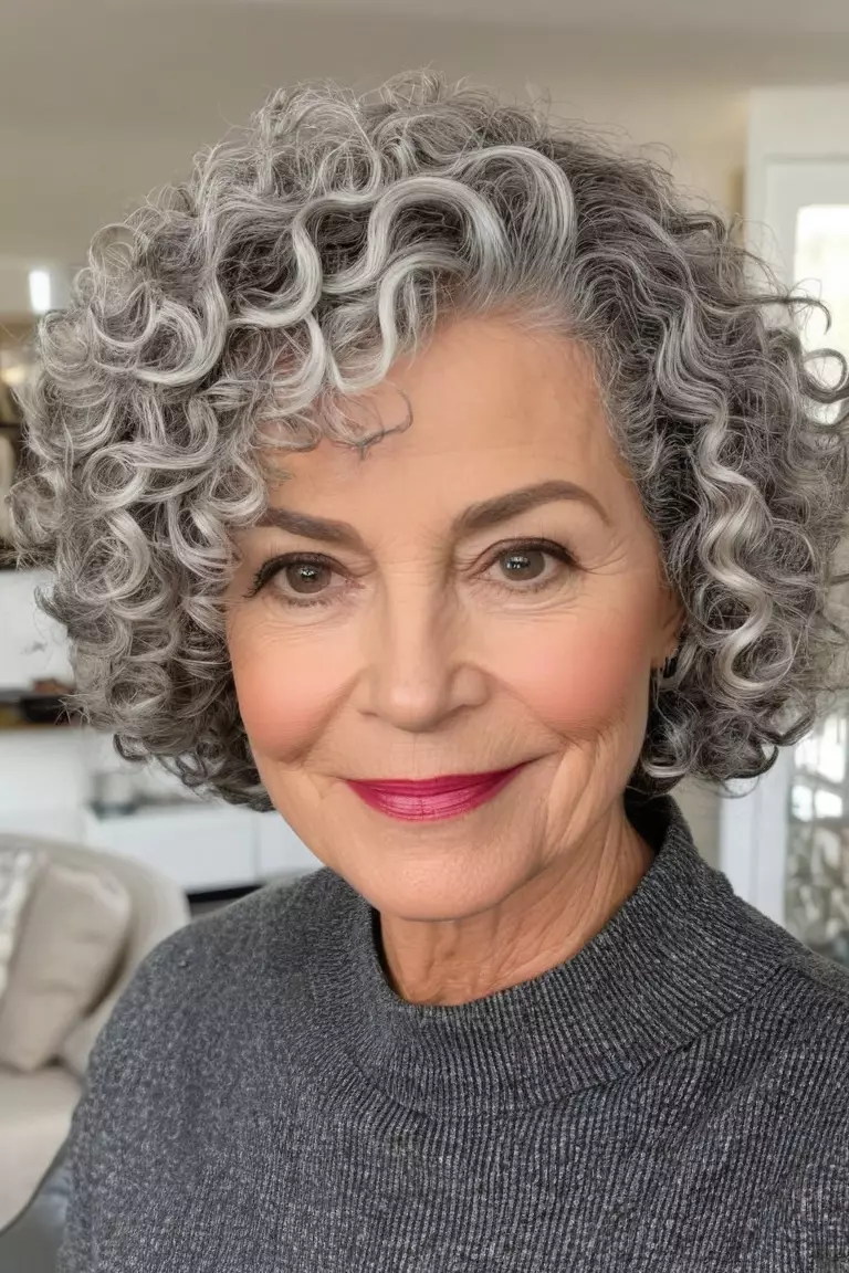 A photo of a 63-year-old Michelle, gray curly bob haircut, front view, living room background