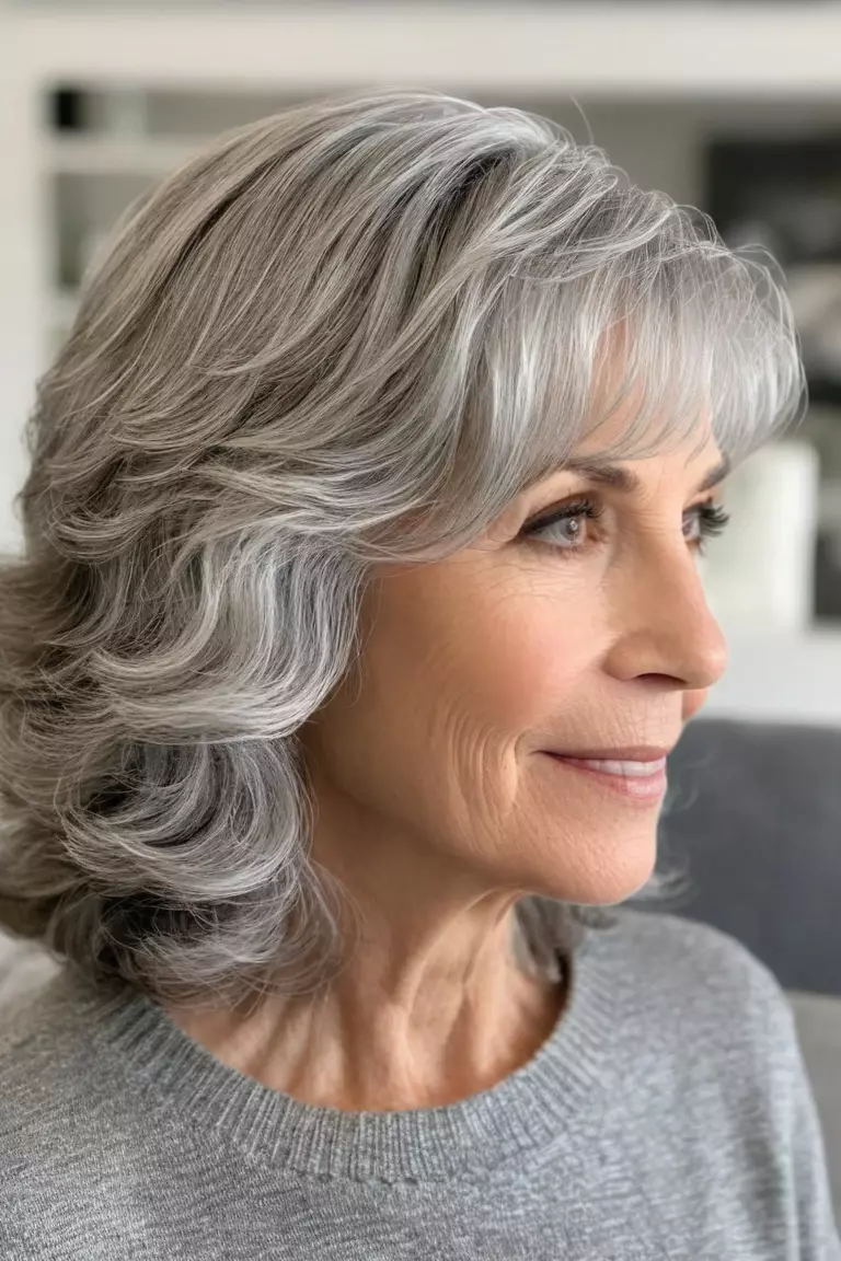 Jaw-Length Soft Silver Waves A photo of a 54-year-old Lisa, jaw-length soft silver waves, side view, living room background