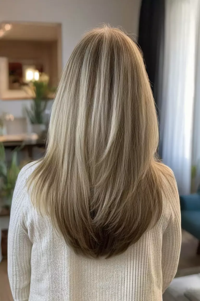 A photo of a 66-year-old Maria, layered straight medium-length hair, back view, living room background
