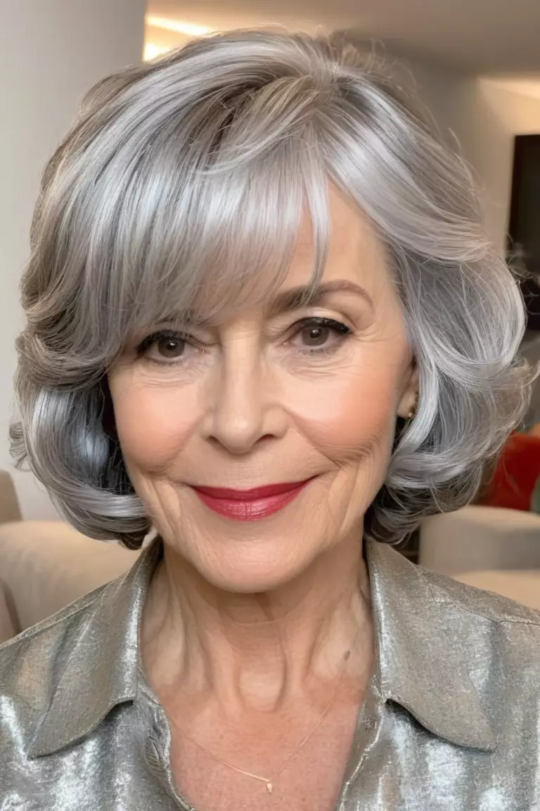 Wavy Bob with Side Bangs A photo of a 56-year-old Kathleen, wavy silver bob with side bangs, side view, living room background