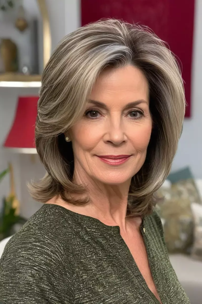 Medium-Length Layers A photo of a 58-year-old Patricia, medium-length layered hair, front view, living room background