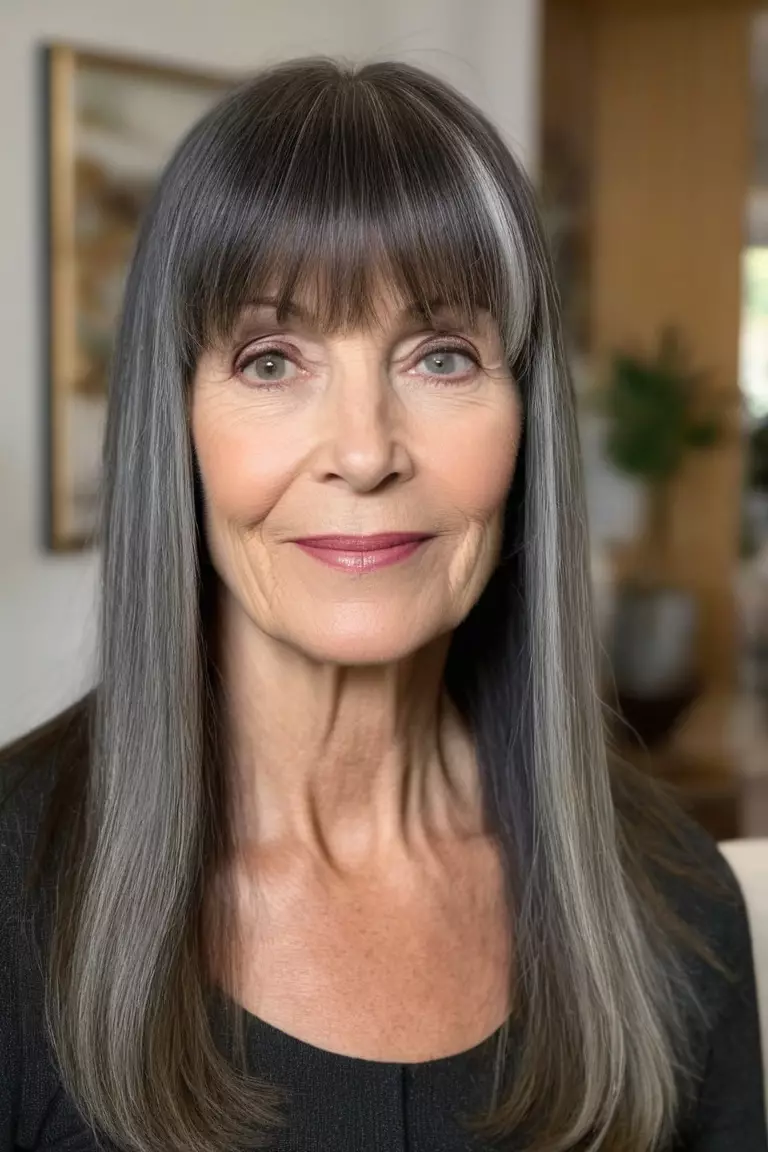 A photo of a 61-year-old Barbara, long straight hair with straight-across bangs, front view, living room background