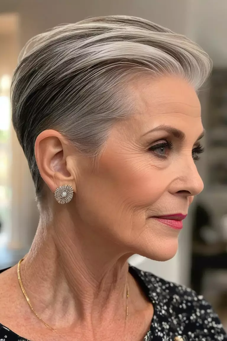 A photo of a 66-year-old Karen, slicked-back pixie with cropped sides, side view, living room background