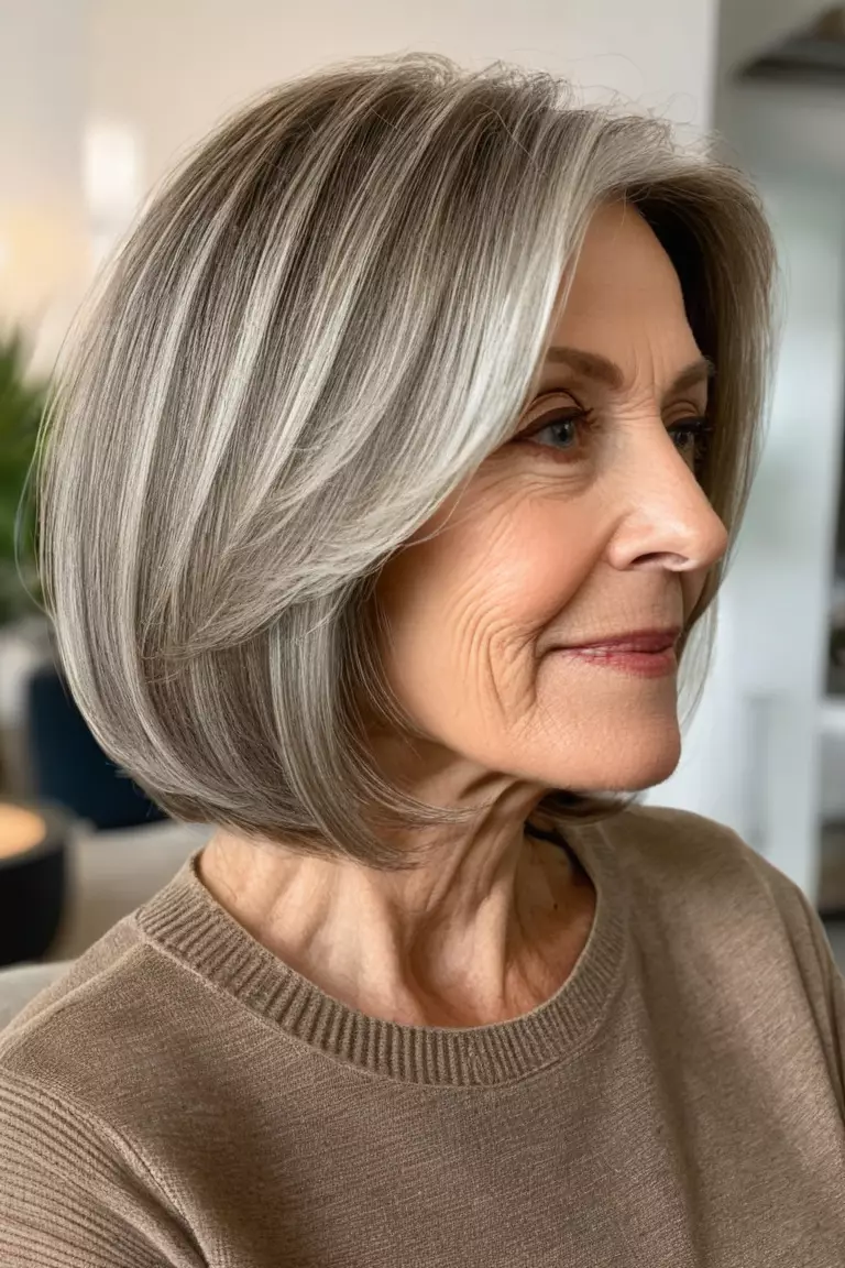 A photo of a 60-year-old Jean, side-swept long bob, side view, living room background