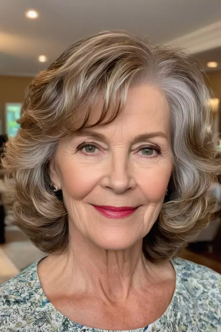 Medium-Length Face-Framing Waves A photo of a 63-year-old Phyllis, medium-length wavy hair with face-framing layers, side view, living room background