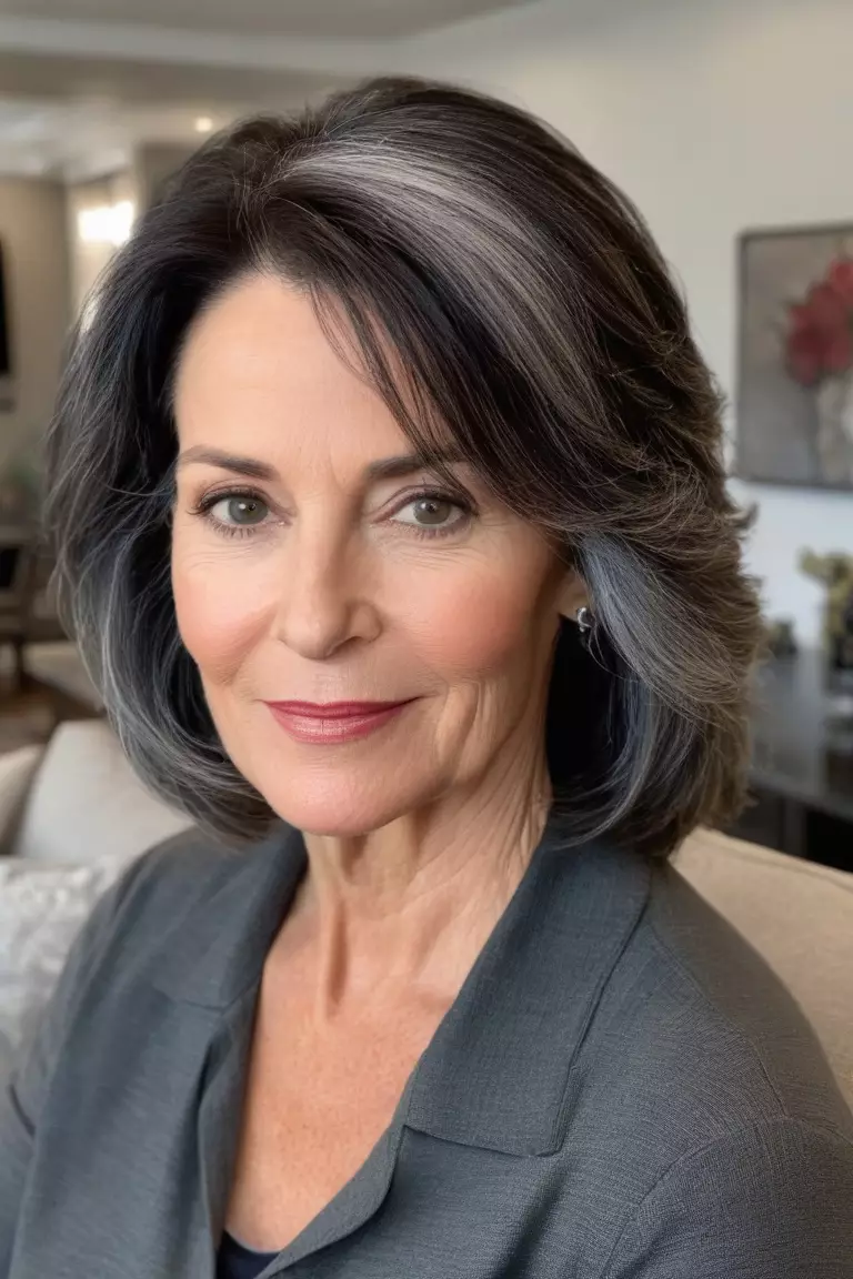 Gray Blending for Dark Hair A photo of a 57-year-old Catherine, dark hair with gray blending, front view, living room background
