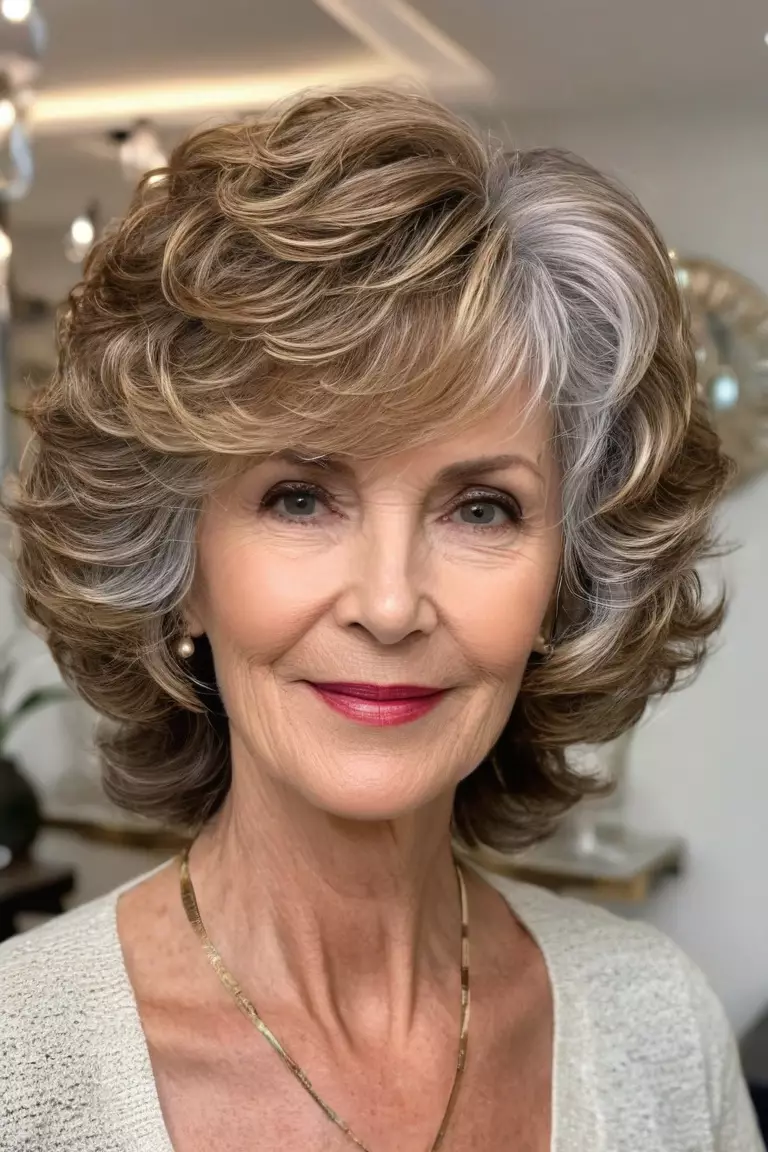 Cropped Layered Waves A photo of a 63-year-old Patricia, cropped layered waves hairstyle with lots of texture and volume, front view, living room background